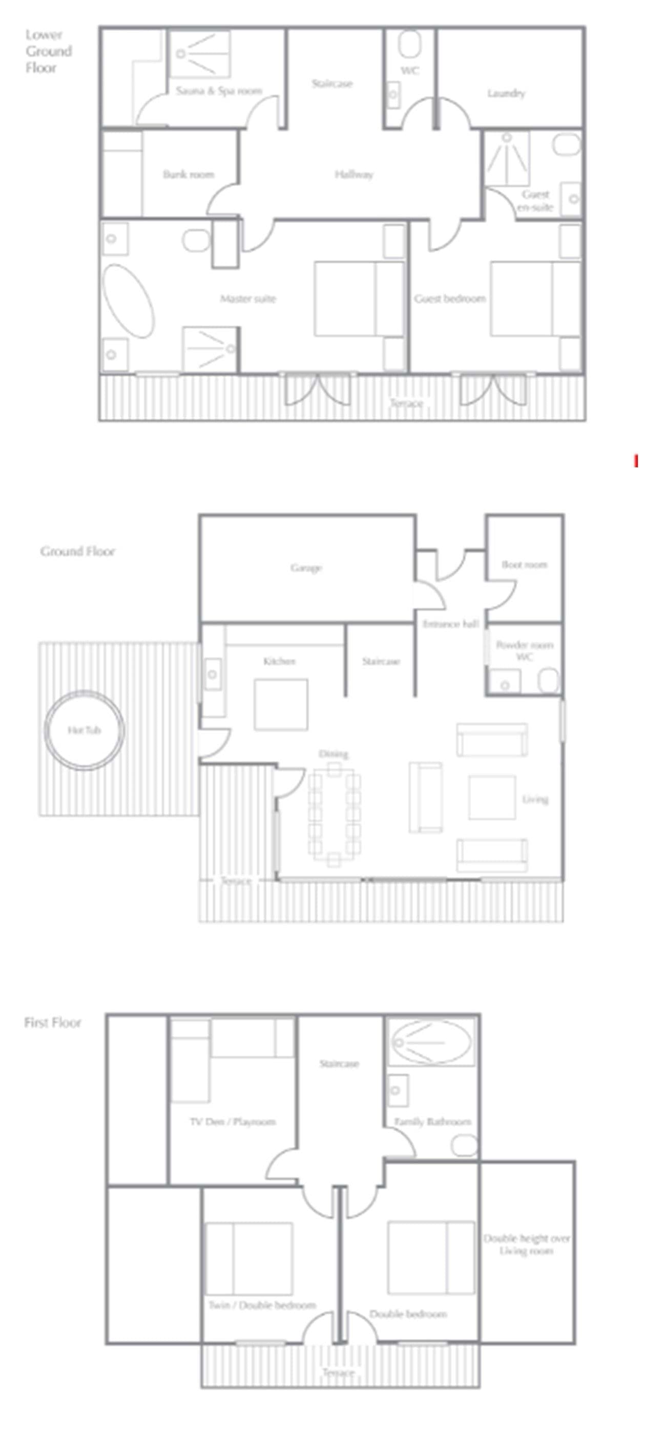 Floor plans for three levels including sauna, hot tub, and five bedrooms