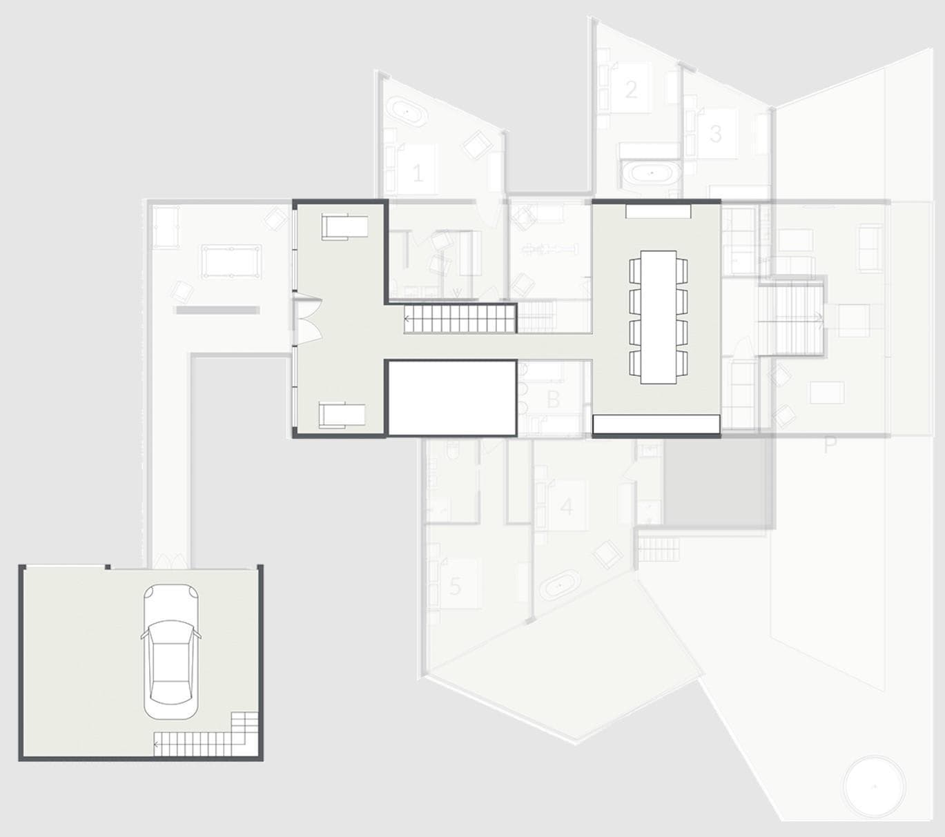 Floor plan overview: garage, dining area for 10, and five ensuite bedrooms