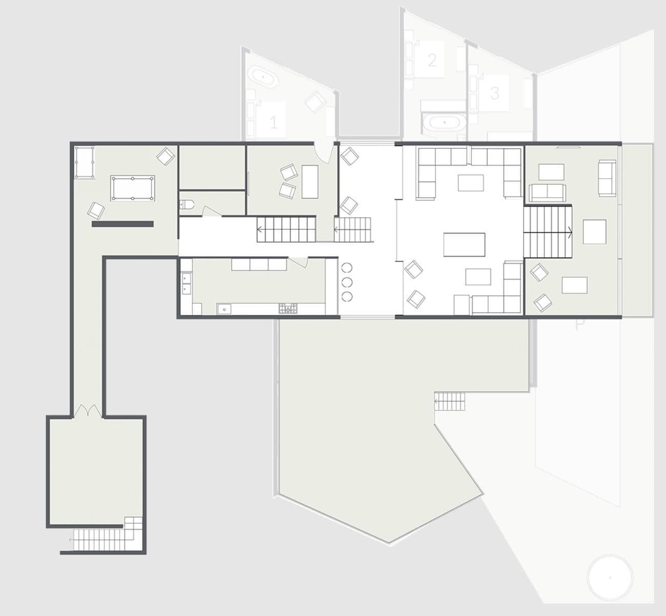 Main level layout: open-plan living, kitchen, pool table room, and outdoor deck