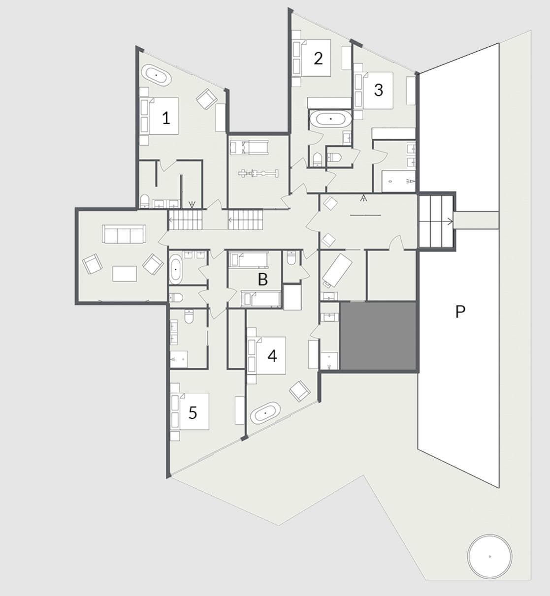 Floor plan: five ensuite bedrooms, living area, and large terrace with pool