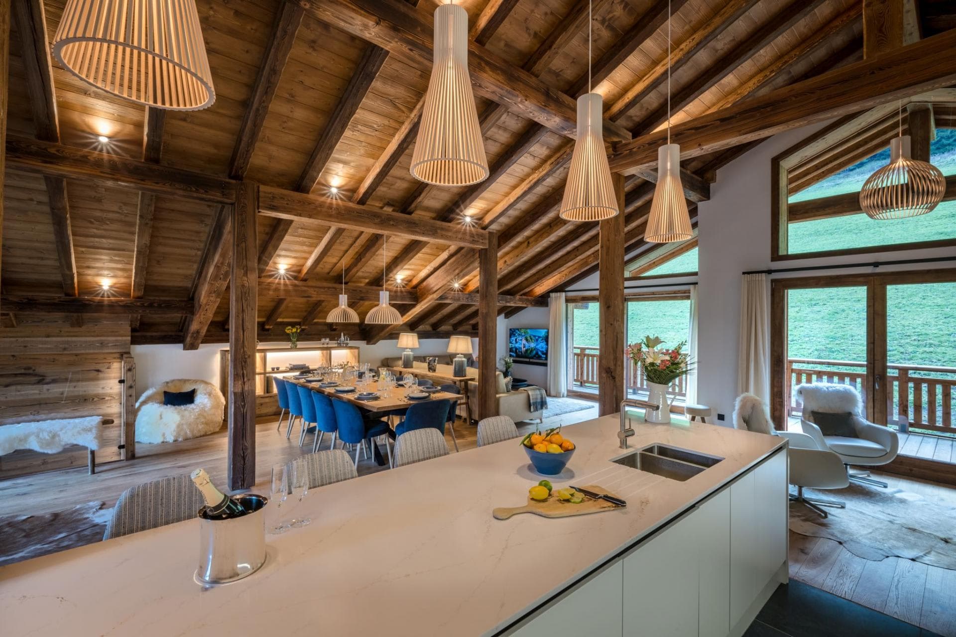 Open-plan kitchen and dining area with seating for 10