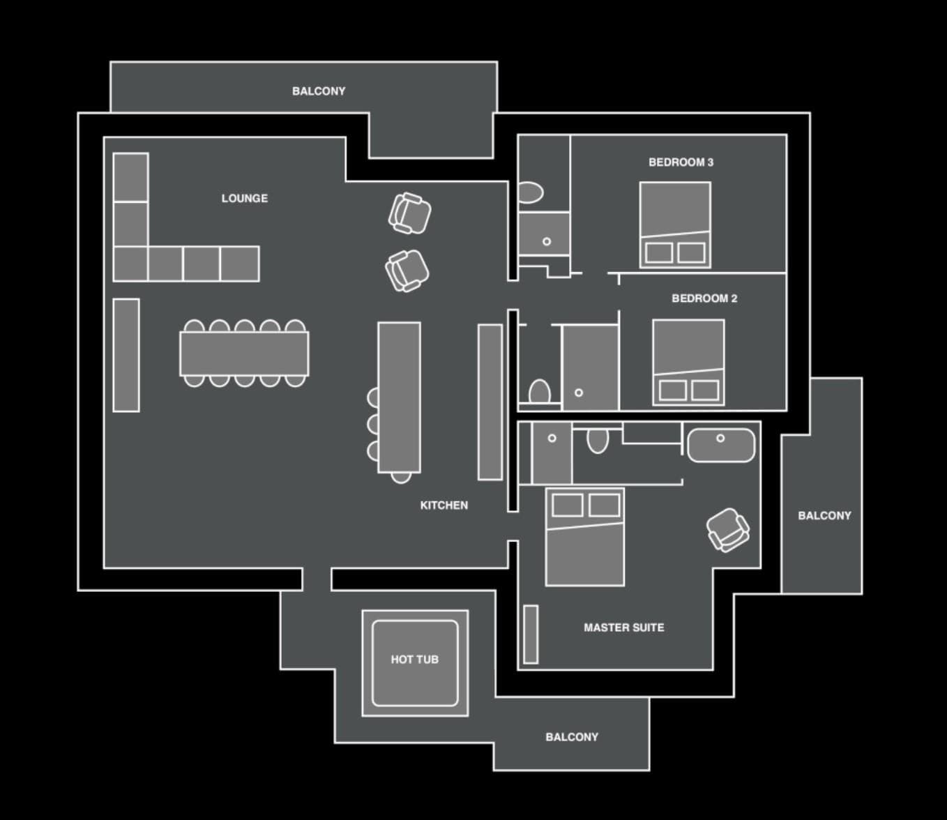 Floor plan: open-plan living, three bedrooms, and terrace with private hot tub