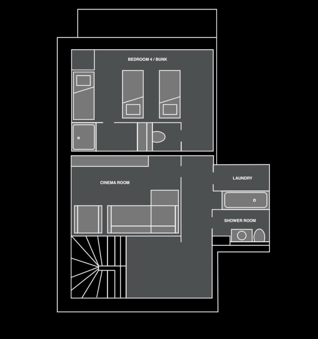 Lower level floor plan: cinema room, bunk bedroom, laundry, and shower room