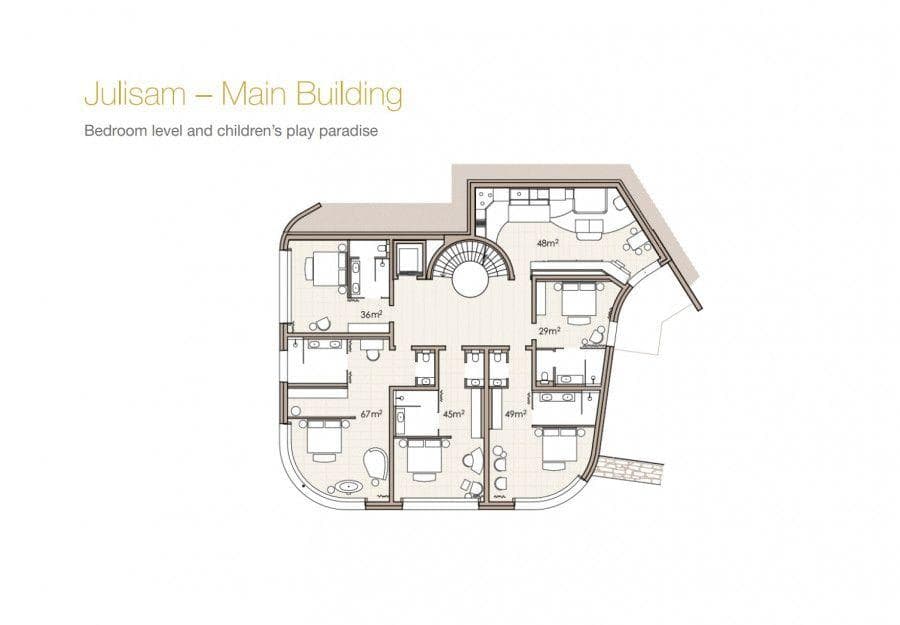 Upper floor plan: four ensuite bedrooms and children's play area