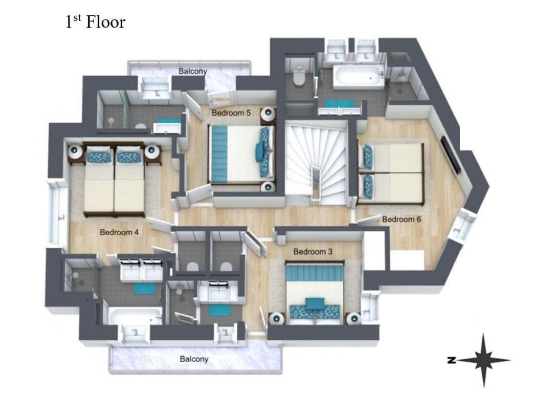 First floor layout: four ensuite bedrooms and two balconies