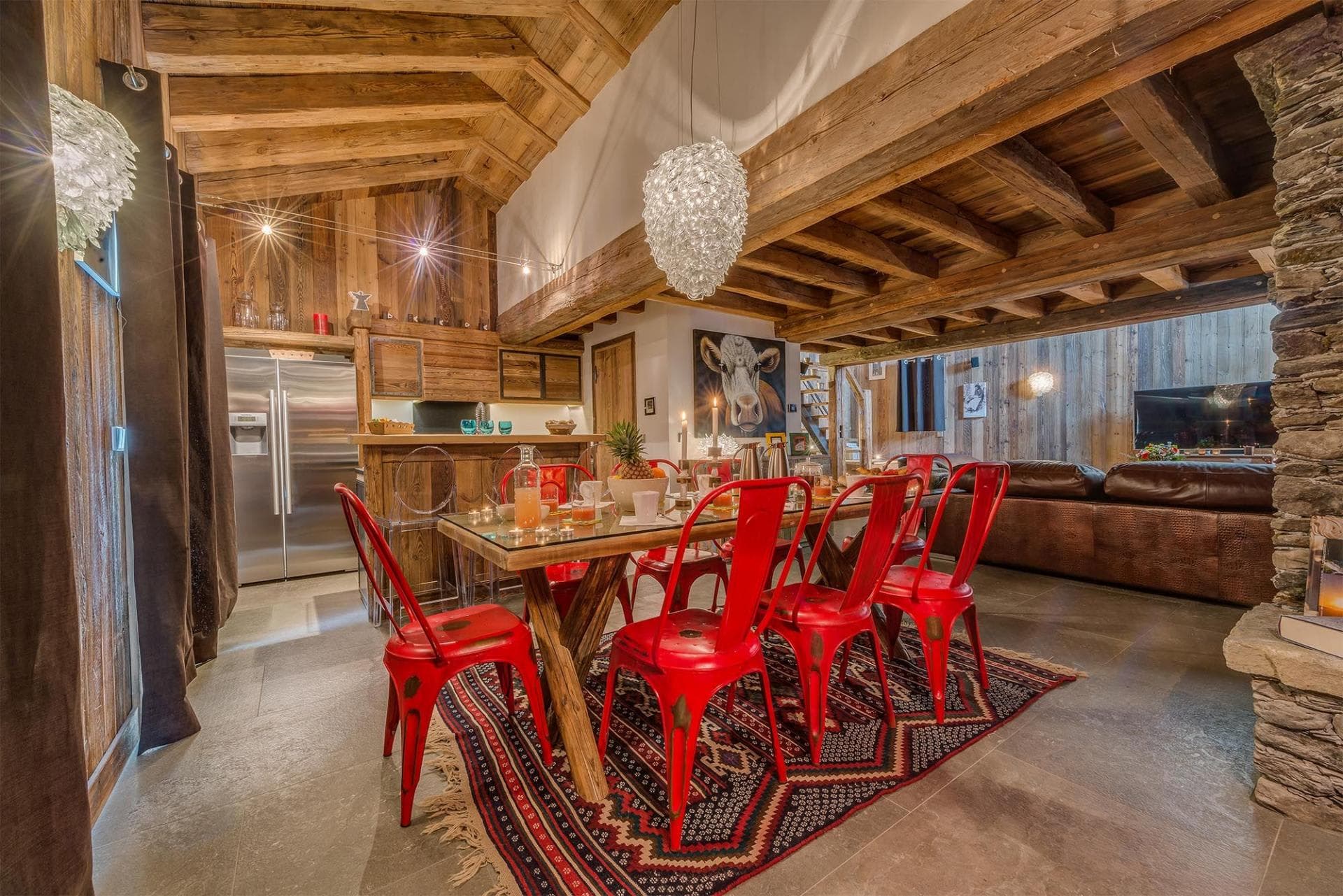 Open-plan dining area with seating for 8; adjacent to kitchen and lounge