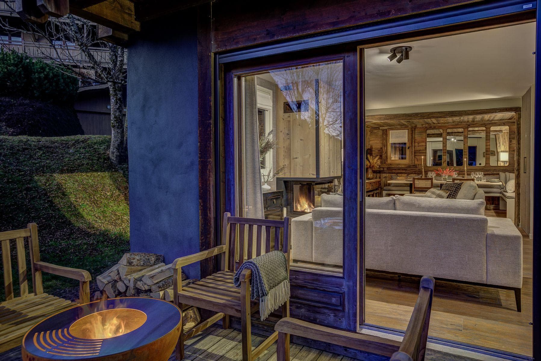 Deck with gas fire pit and sliding door access to living area