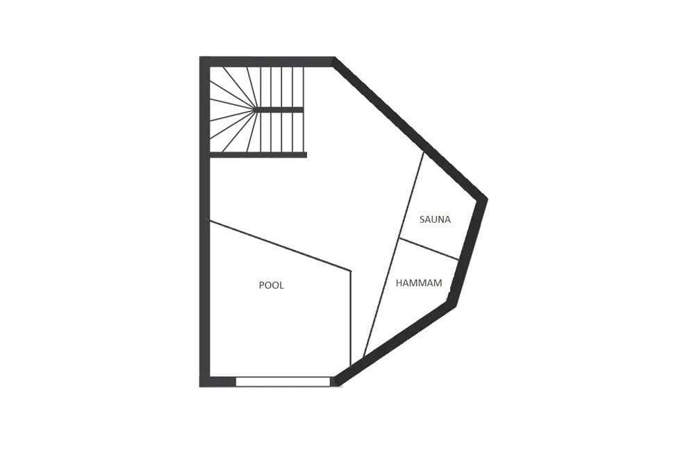 Wellness floor plan: indoor pool, sauna, hammam, and staircase access