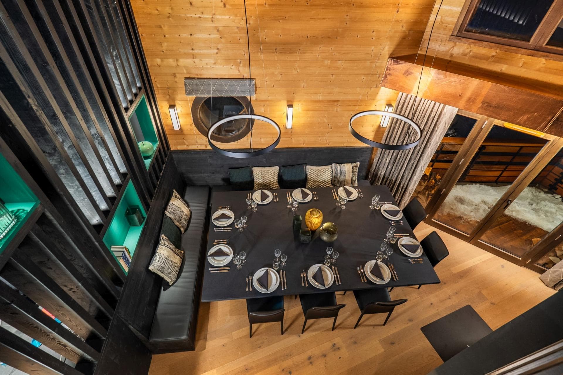 Dining area with square table and seating for 12