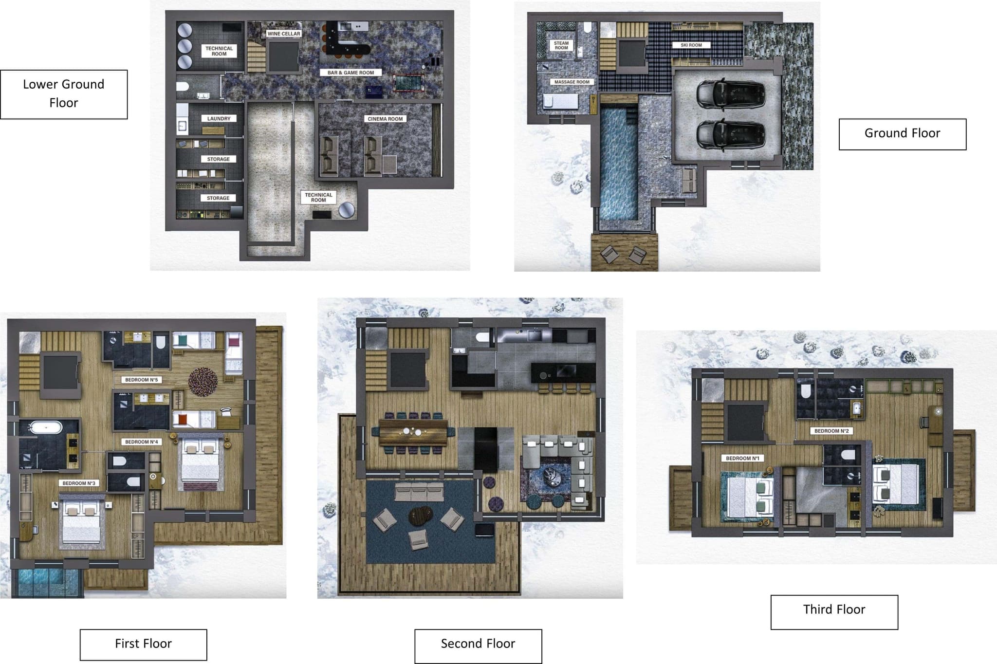 Five-level floor plans showing indoor pool, cinema, and five en suite bedrooms
