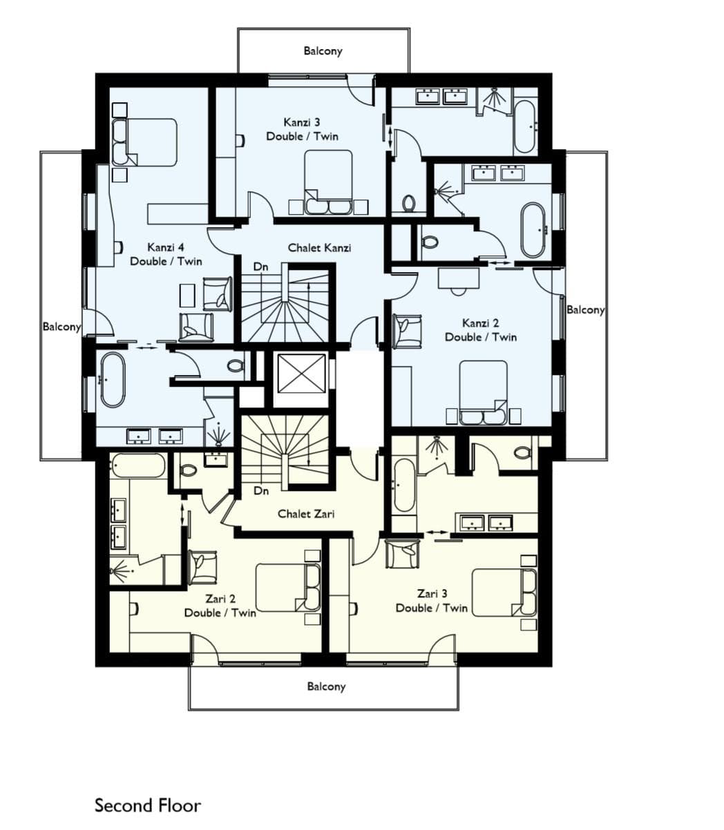 Second floor plan: five en-suite bedrooms and four private balconies