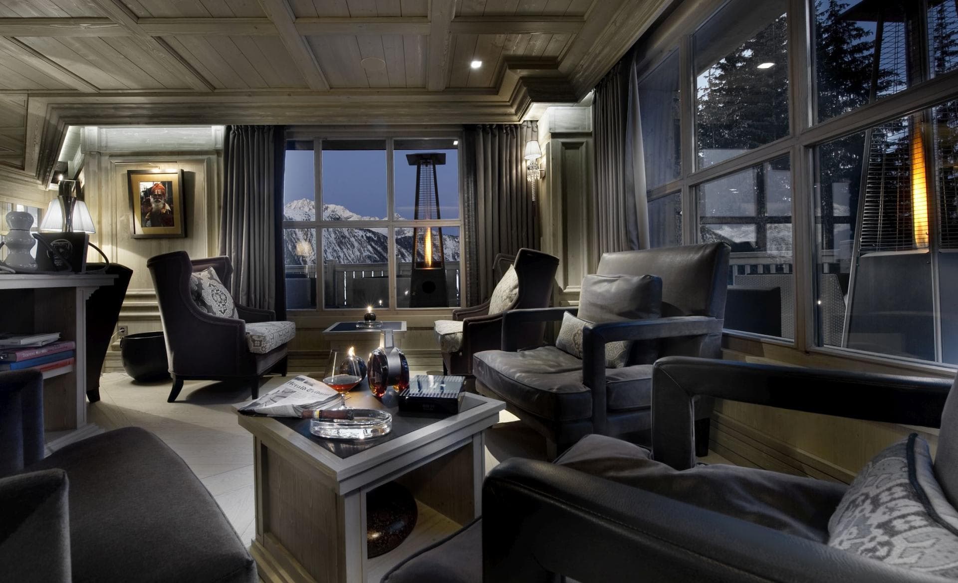 Cigar lounge with mountain views and outdoor balcony heaters