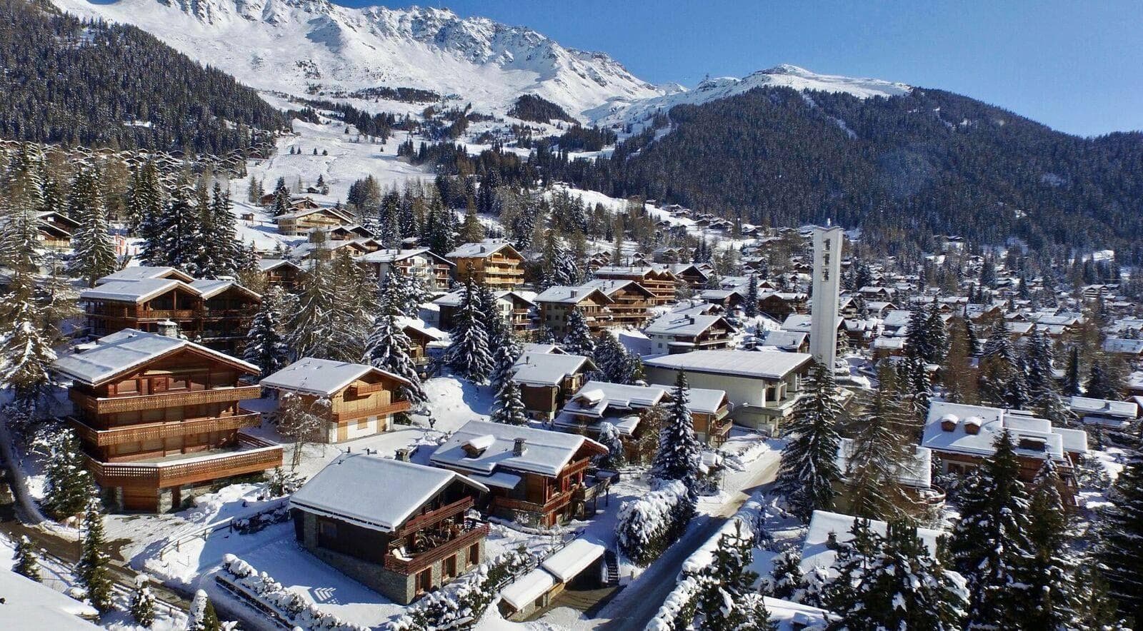 Aerial view of Verbier village with direct access to nearby ski slopes