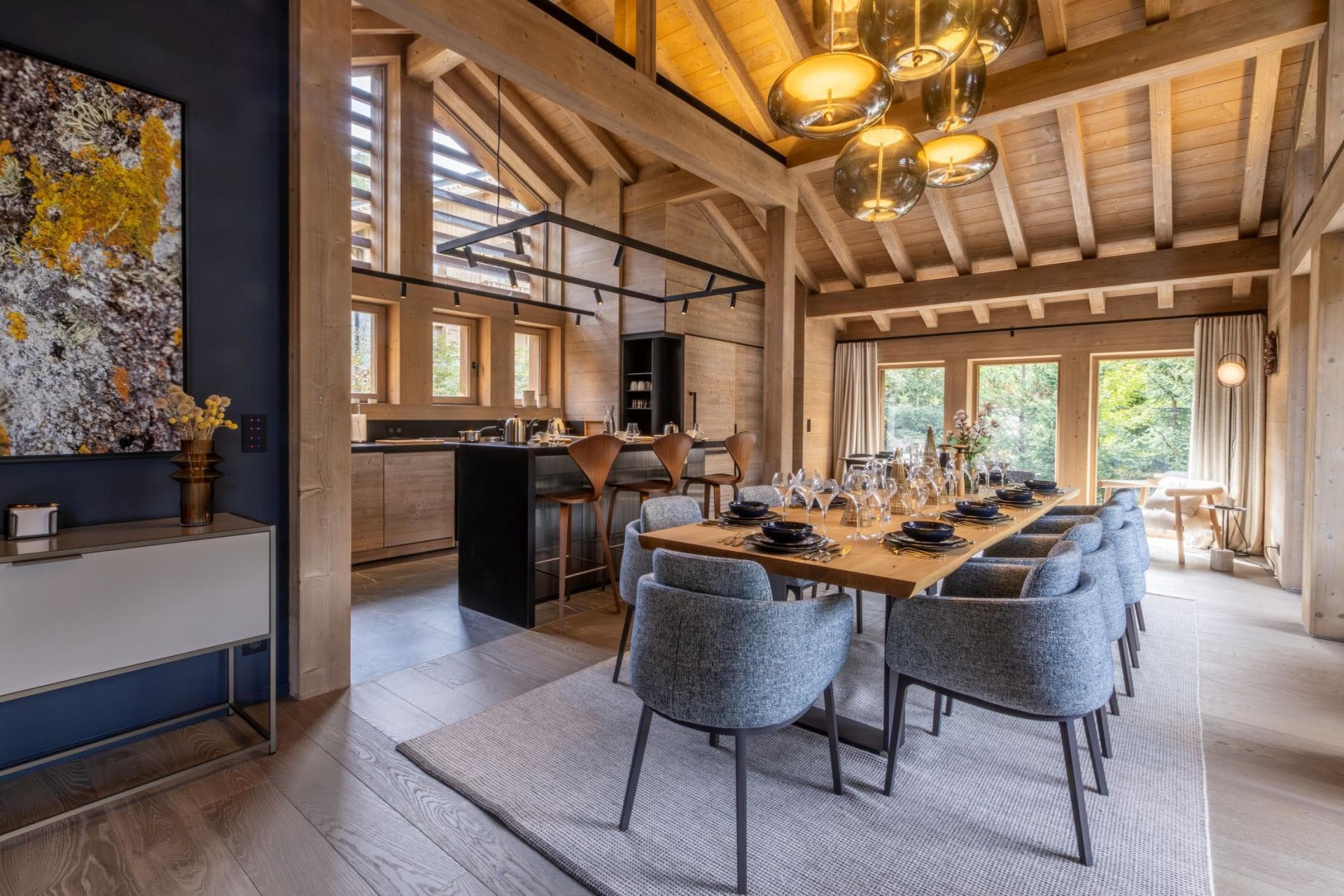 Dining area seats 8; kitchen island with seating for 3