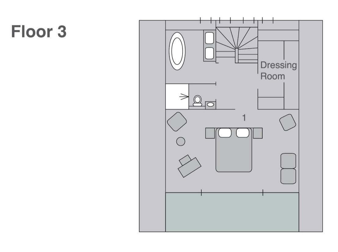 Floor 3 plan: primary suite with dressing room, en-suite bathroom, and balcony