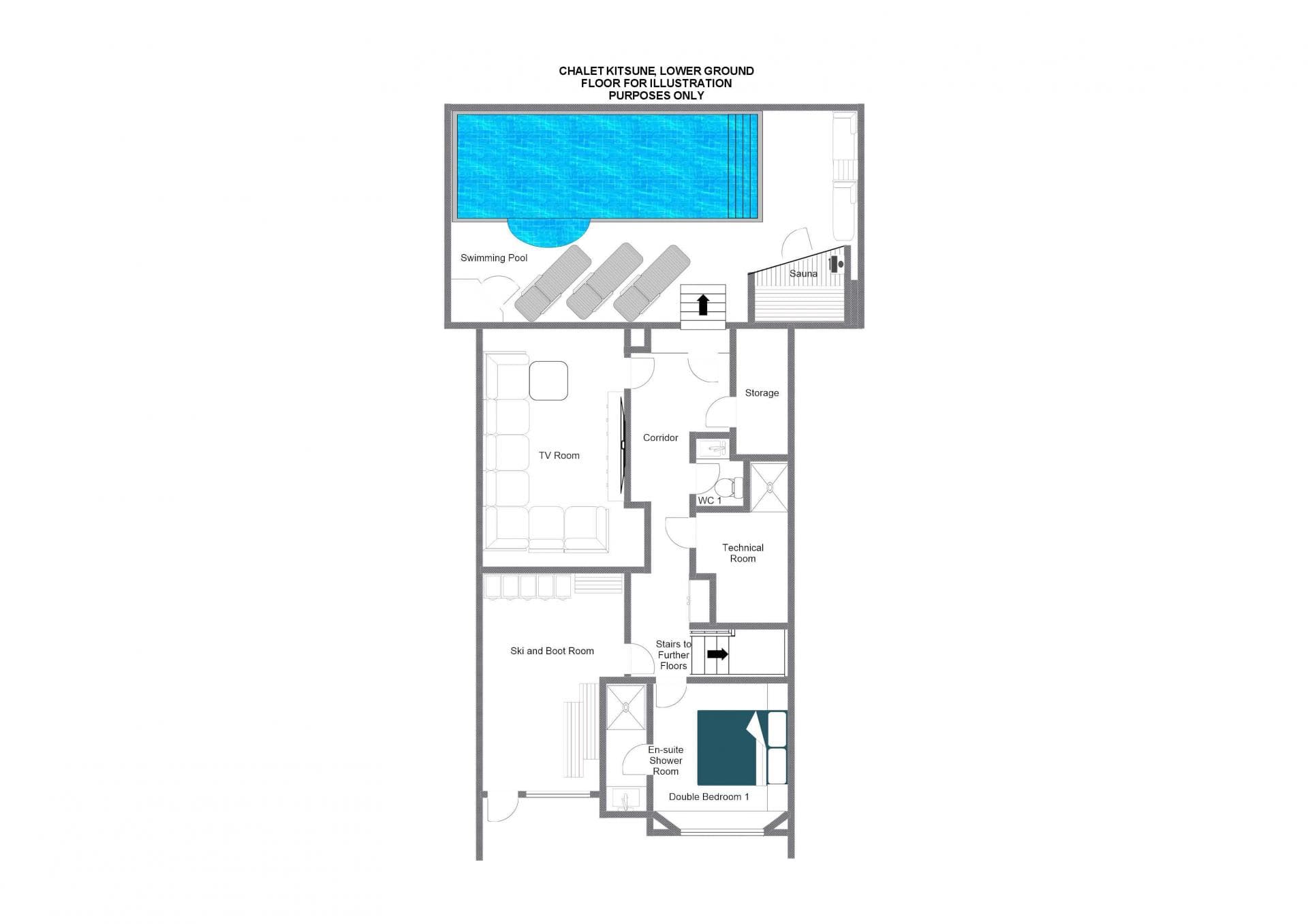 Lower ground floor plan: pool, sauna, TV room, and ski storage