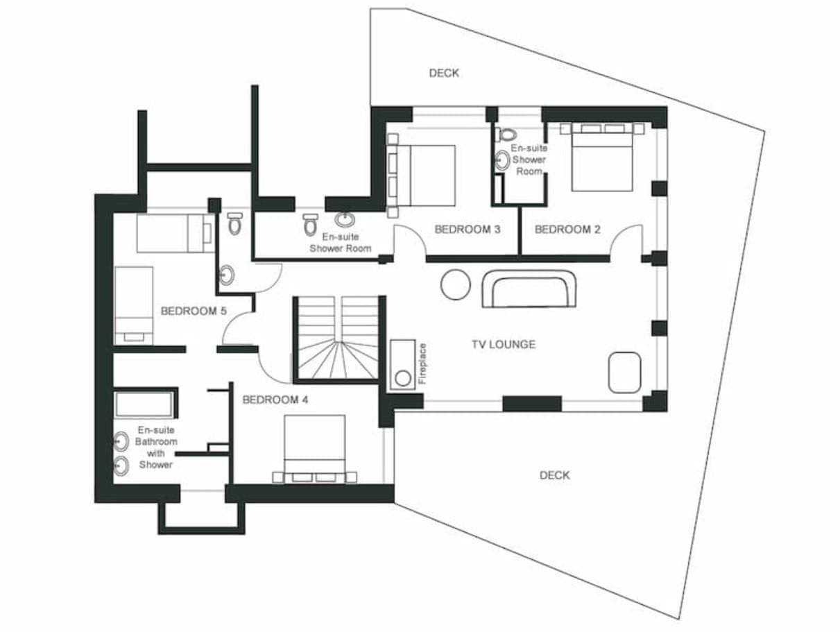 Floor plan: four bedrooms with en-suite bathrooms, TV lounge, and dual decks
