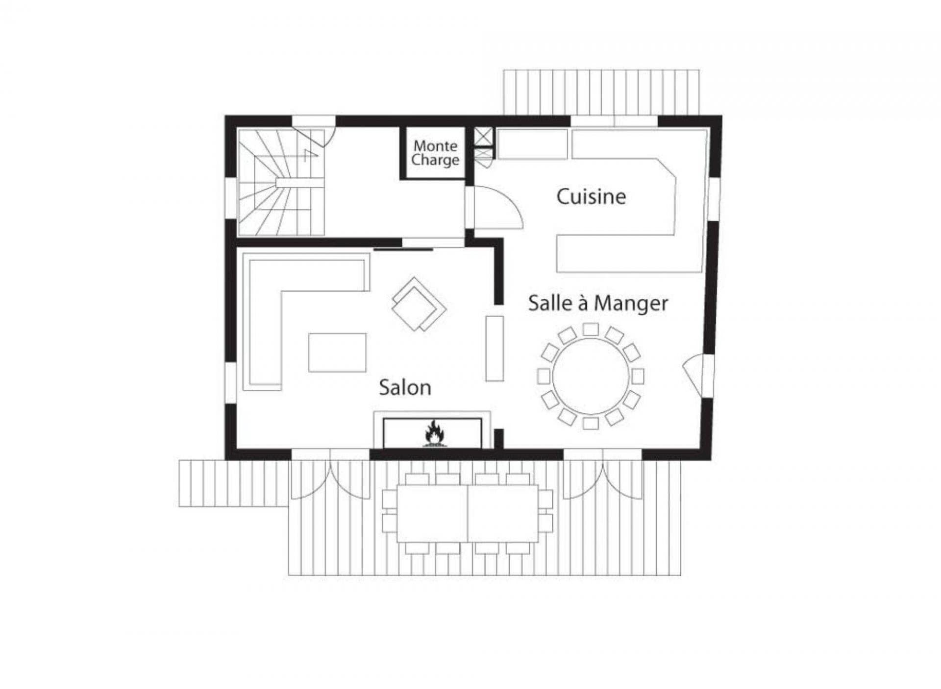 Floor plan: kitchen, dining, and living area with fireplace and dumbwaiter