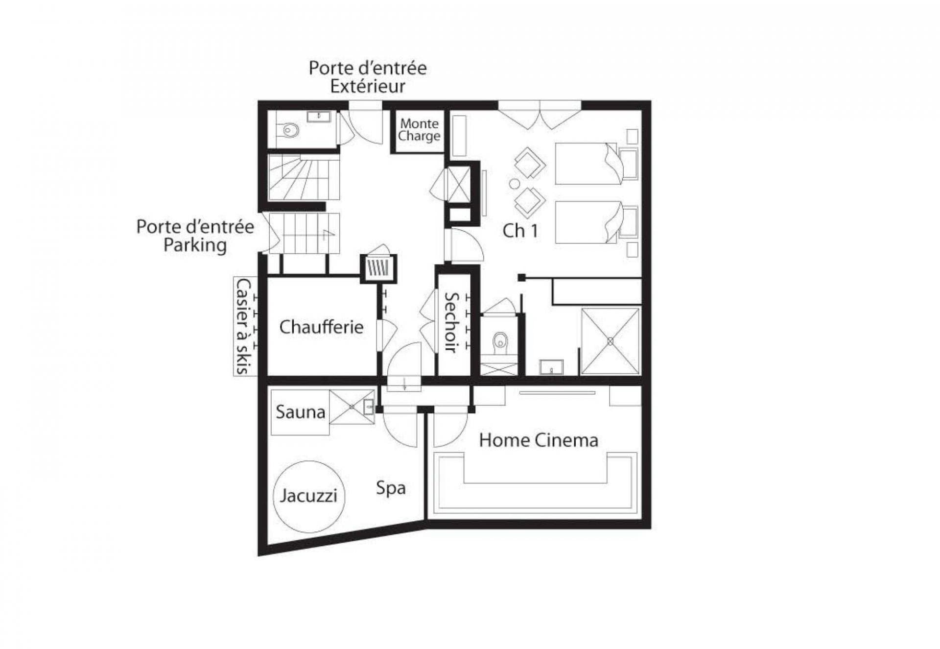 Lower level plan: spa with sauna, home cinema, ski storage, and guest bedroom