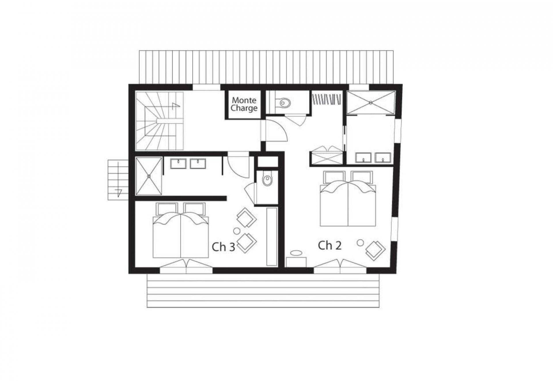 Floor plan: two bedrooms with ensuite bathrooms, service area, and external terrace
