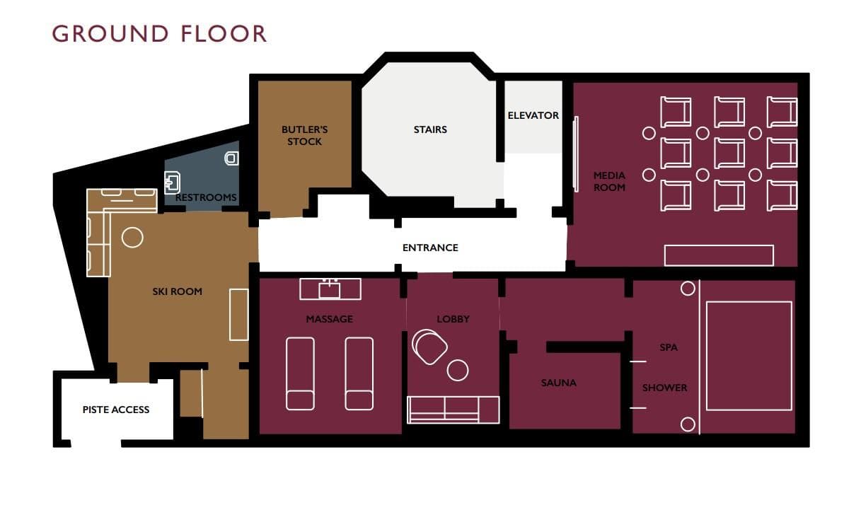 Ground floor plan: media room, spa with sauna, and ski room with piste access