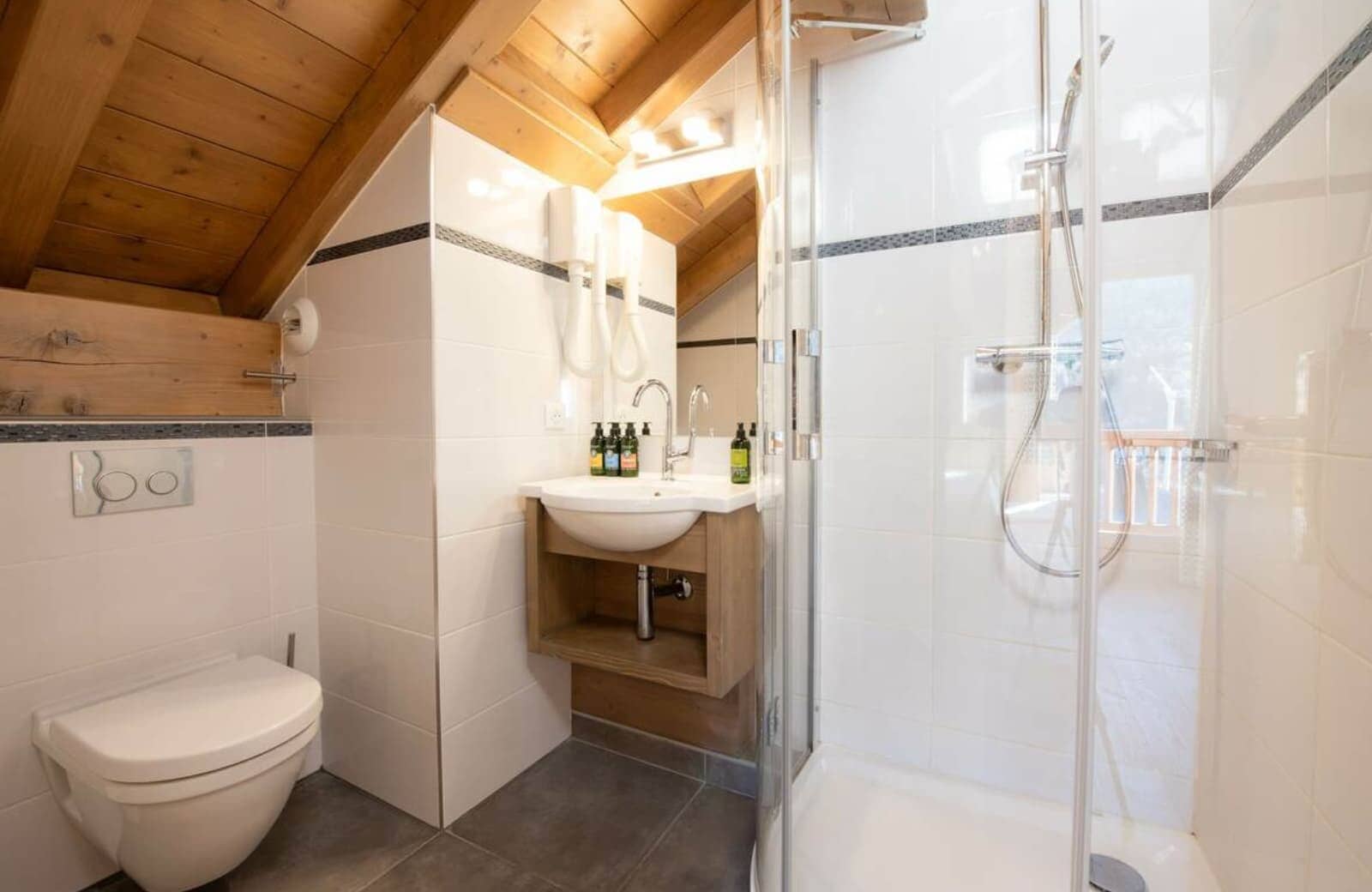 Bathroom with walk-in shower and wall-mounted hair dryer