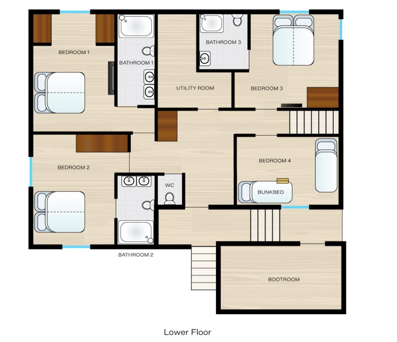 Lower level floor plan with three ensuite bedrooms and bootroom