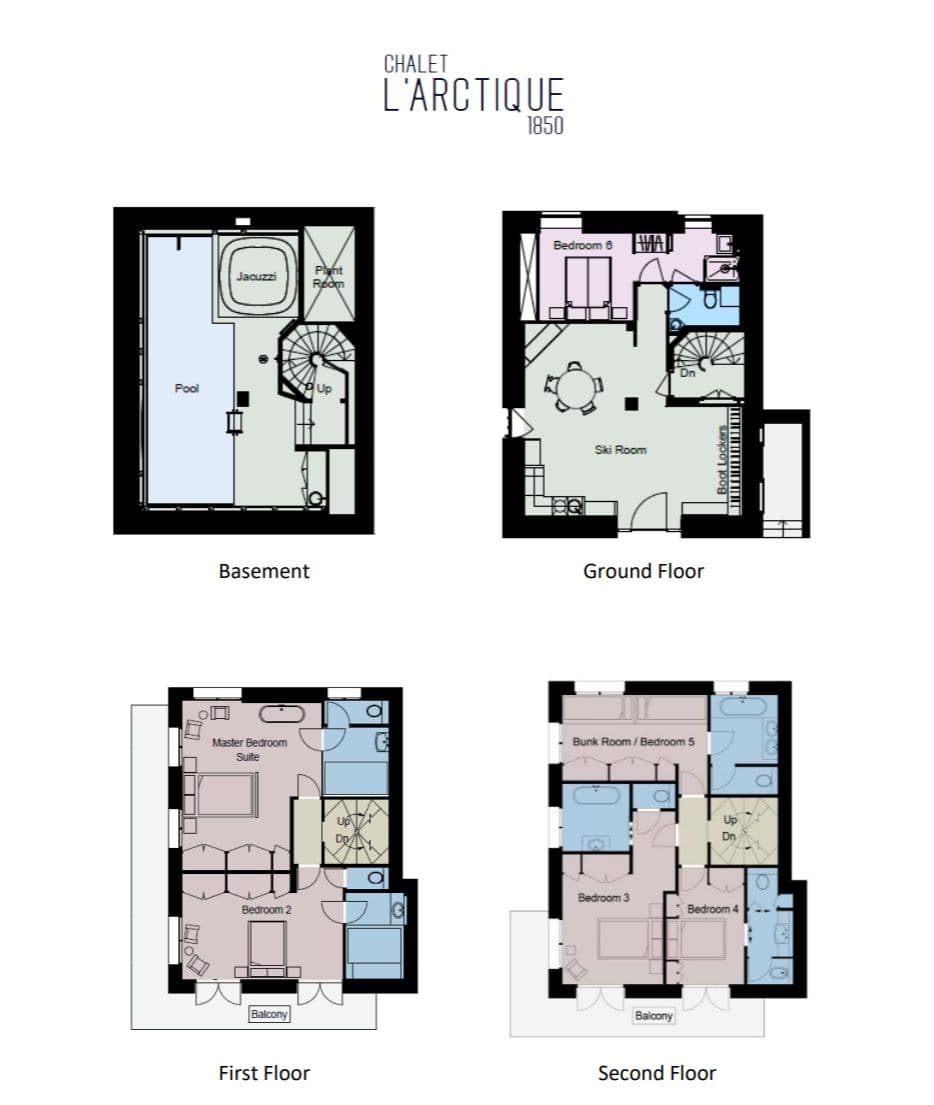 Floor plans for 4 levels including pool, ski room, and 6 bedrooms