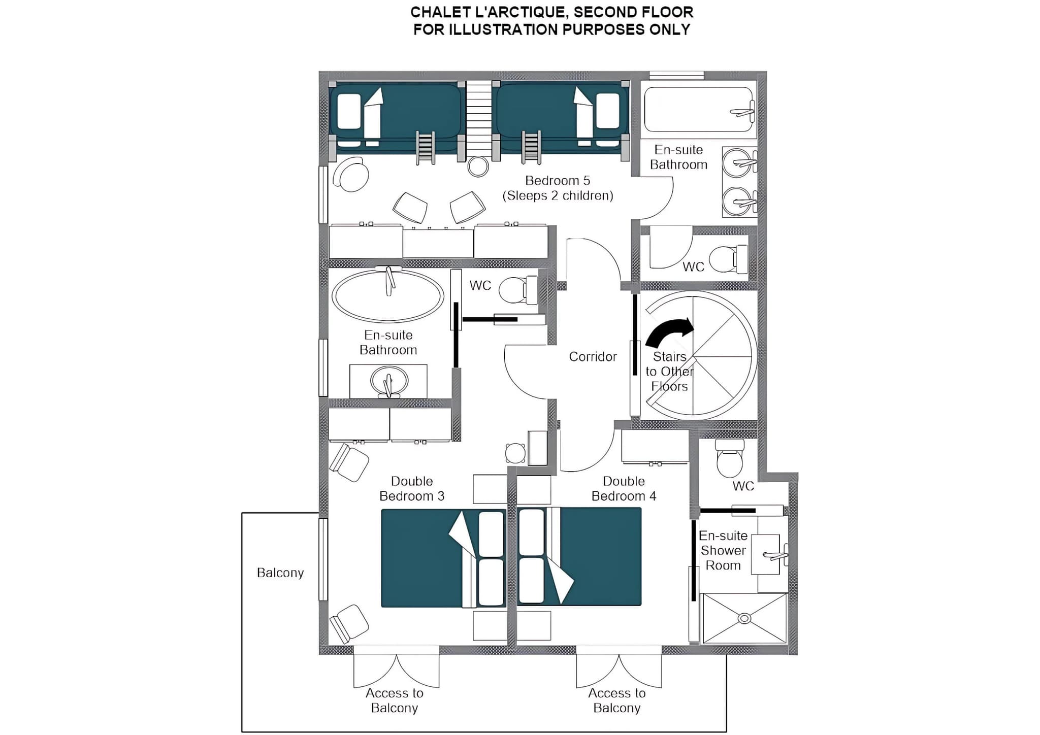 Second floor plan: three bedrooms with en-suite bathrooms and balcony access