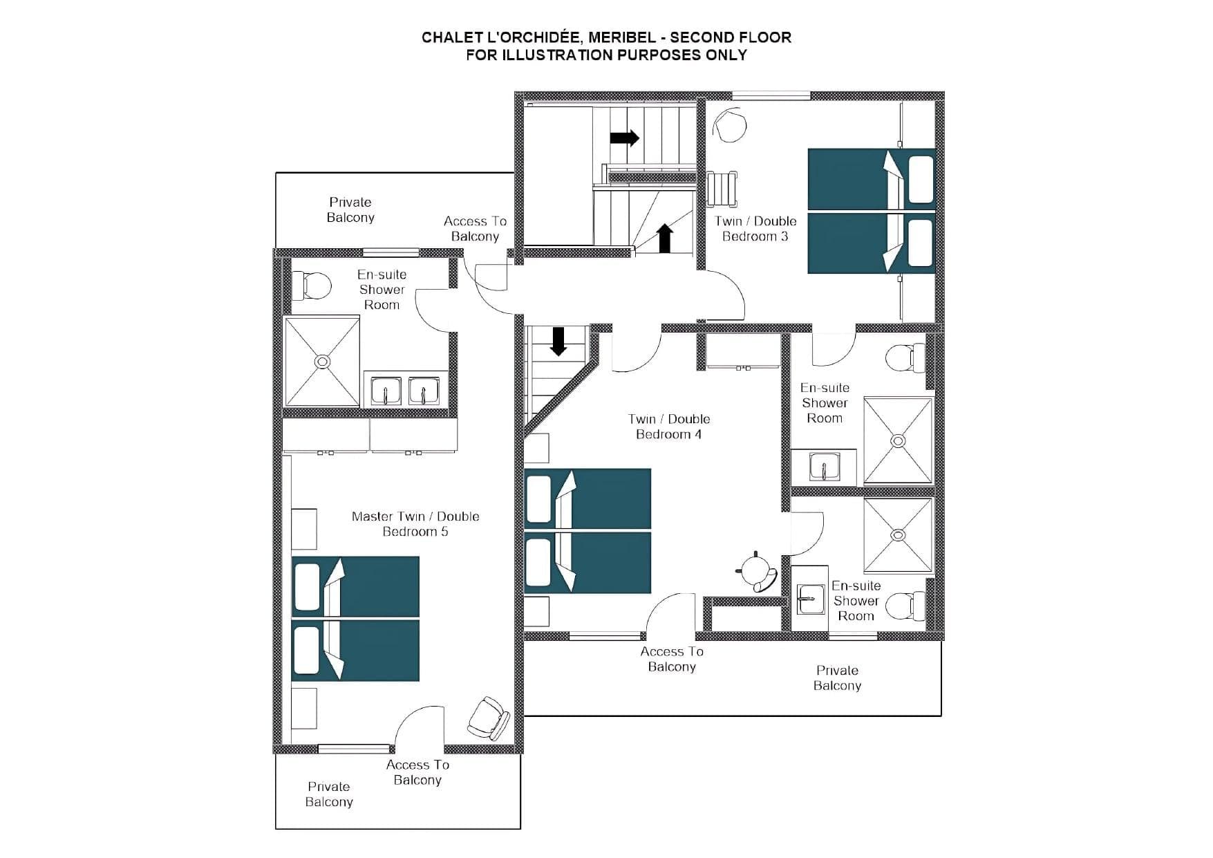 Second floor plan: three en-suite bedrooms and three private balconies
