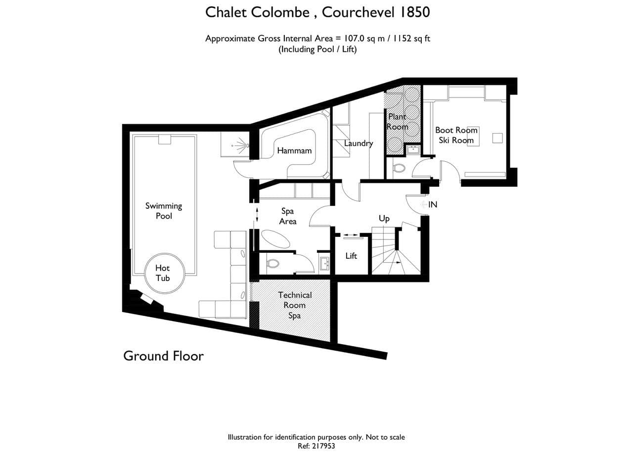 Ground floor plan: swimming pool, hot tub, spa, hammam, and ski room with lift