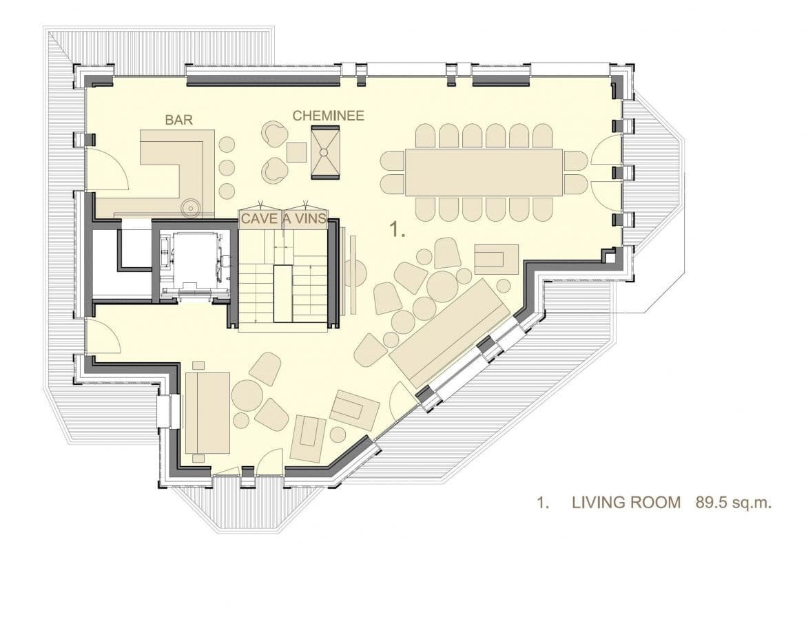 Main level floor plan: living area, bar, wine cellar, and dining for 14