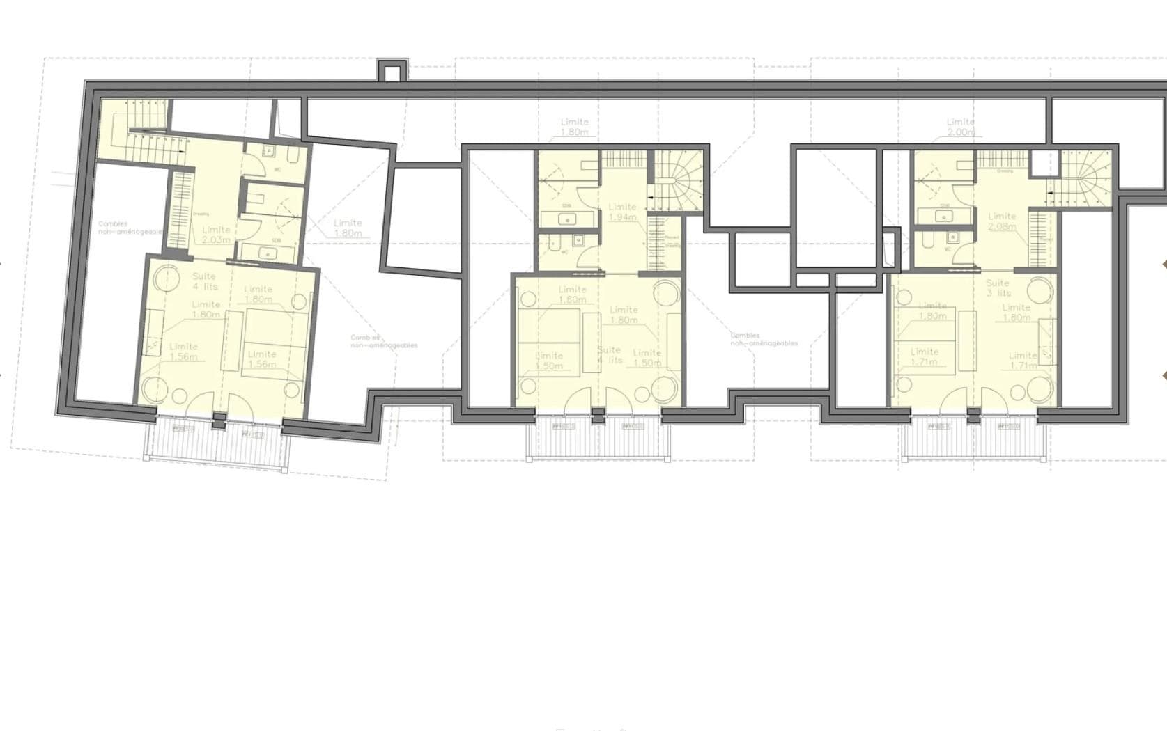 Upper floor plan: three bedroom suites with private bathrooms and terrace access