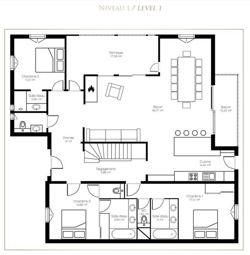 Level 1 floor plan: three bedrooms with ensuite baths, kitchen, and terrace