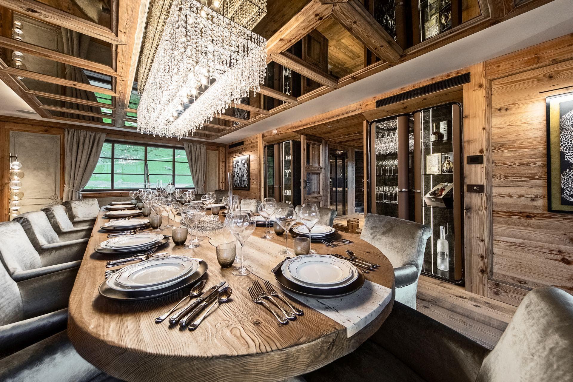Dining room with seating for 12 and built-in glass wine display