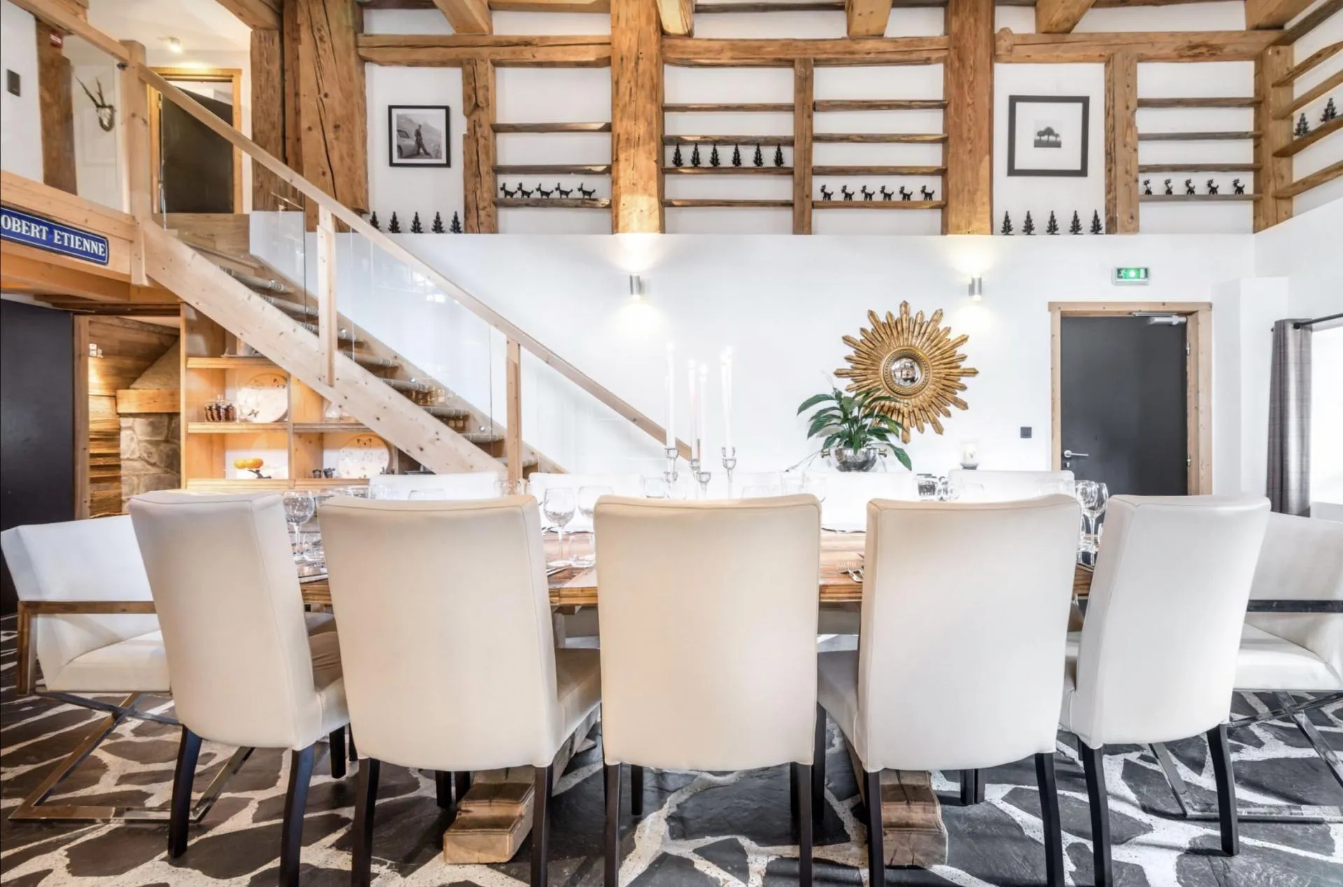 Dining area with flagstone floor and exposed timber beams
