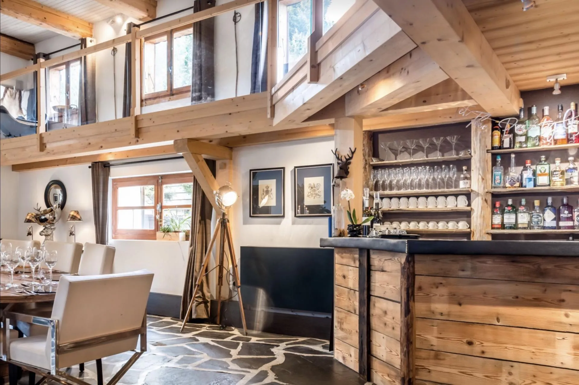 Dining area and guest bar beneath the mezzanine