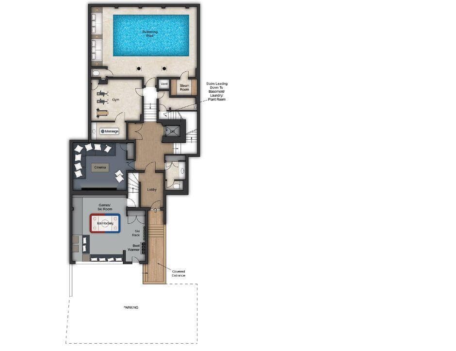 Ground floor layout: swimming pool, gym, cinema, and ski room with boot warmers