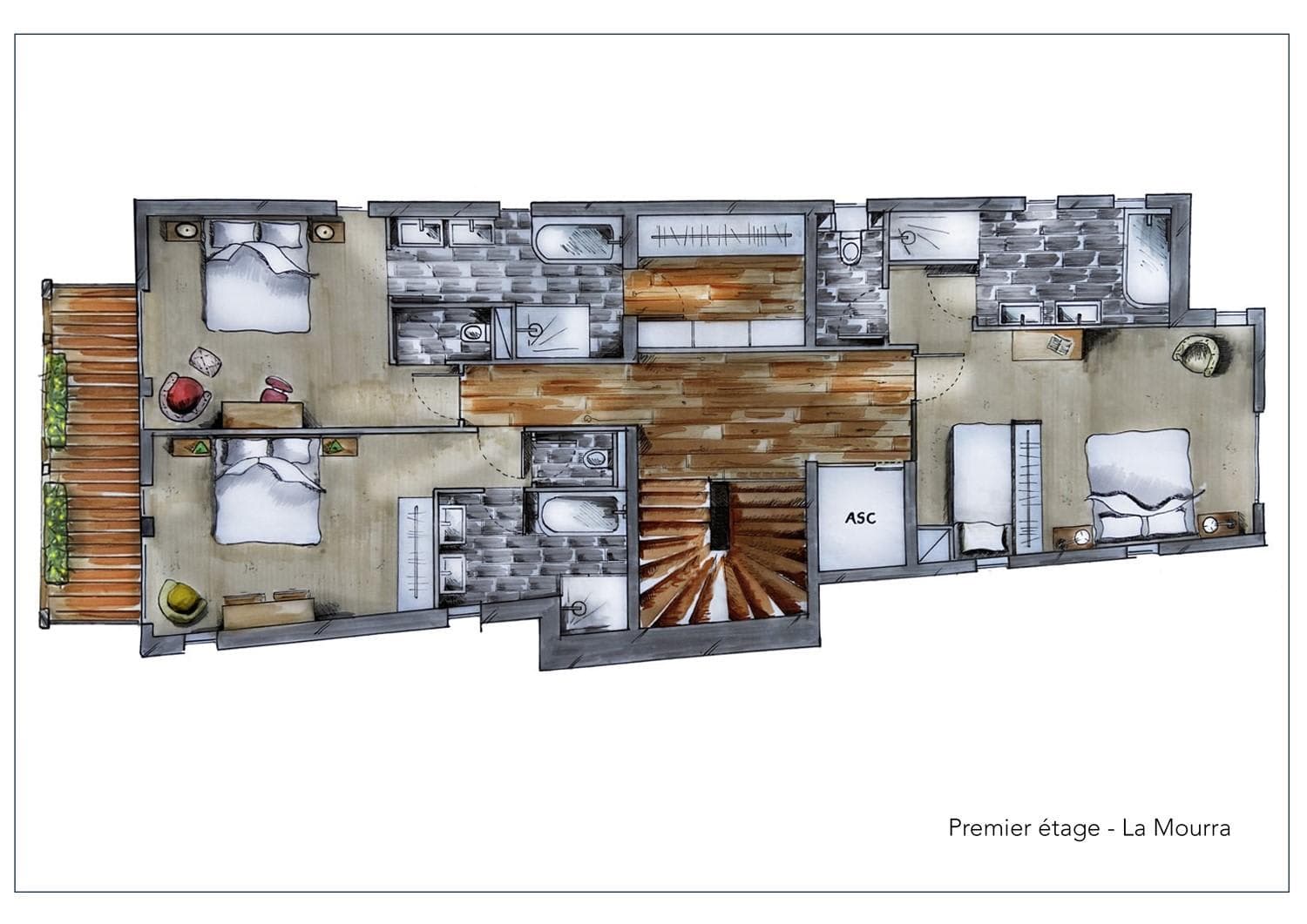 First floor layout: three en-suite bedrooms, elevator access, and private balcony