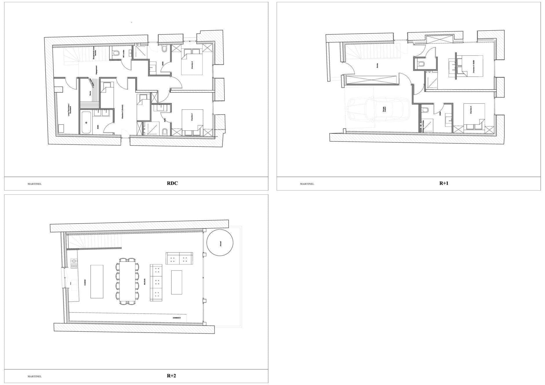Floor plans for three levels: bedrooms, garage, and top-floor open living area