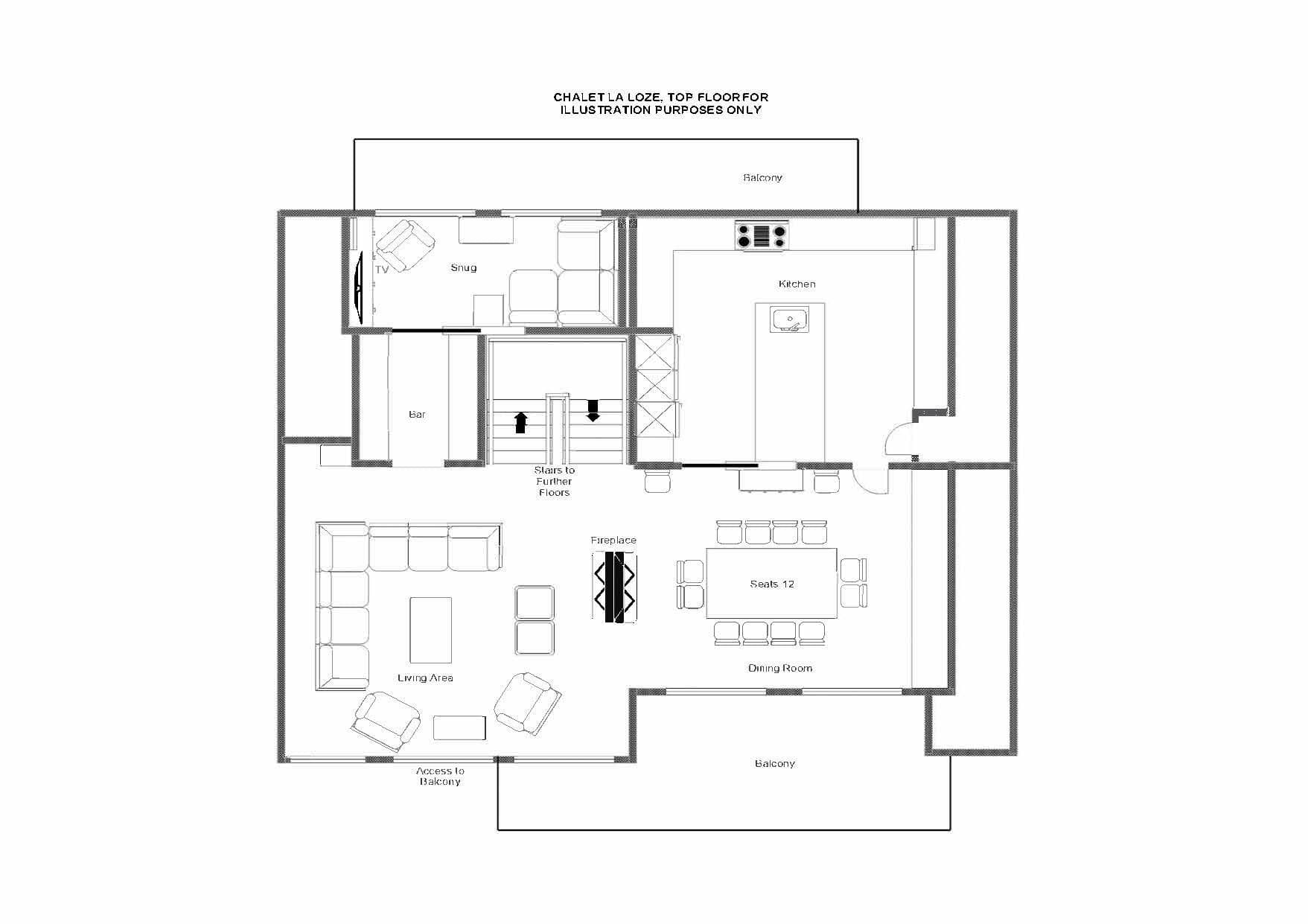 Top floor layout: open-plan living and kitchen, dining for 12, snug, and bar