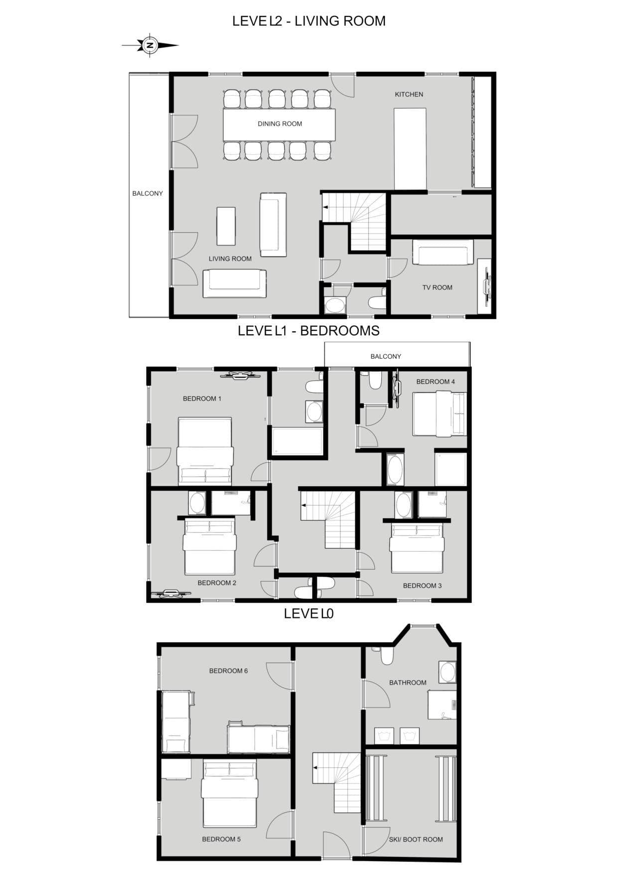 Floor plans for three levels: six bedrooms, ski/boot room, and open living area
