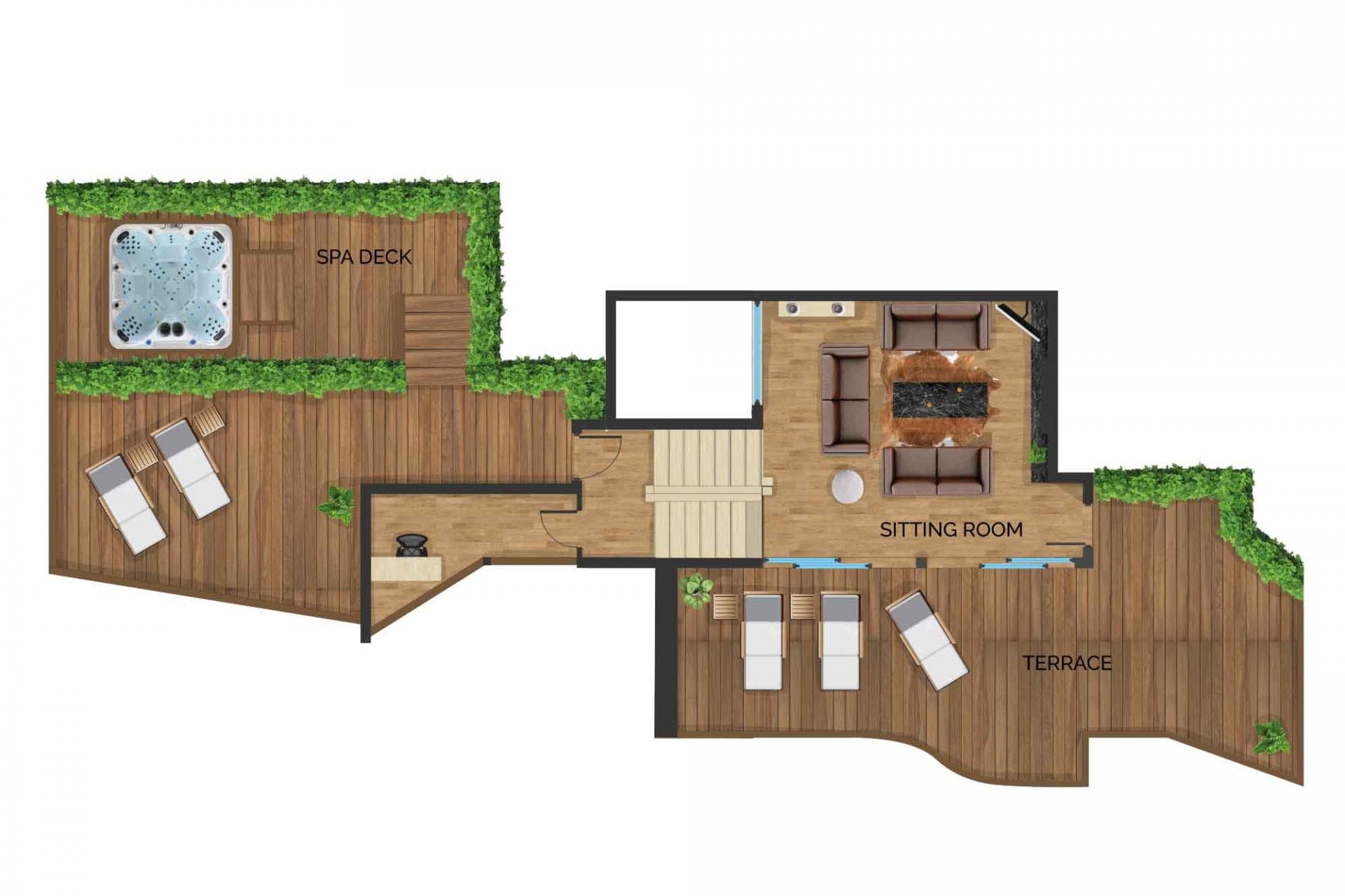 Floor plan: sitting room, spa deck with hot tub, and outdoor terrace
