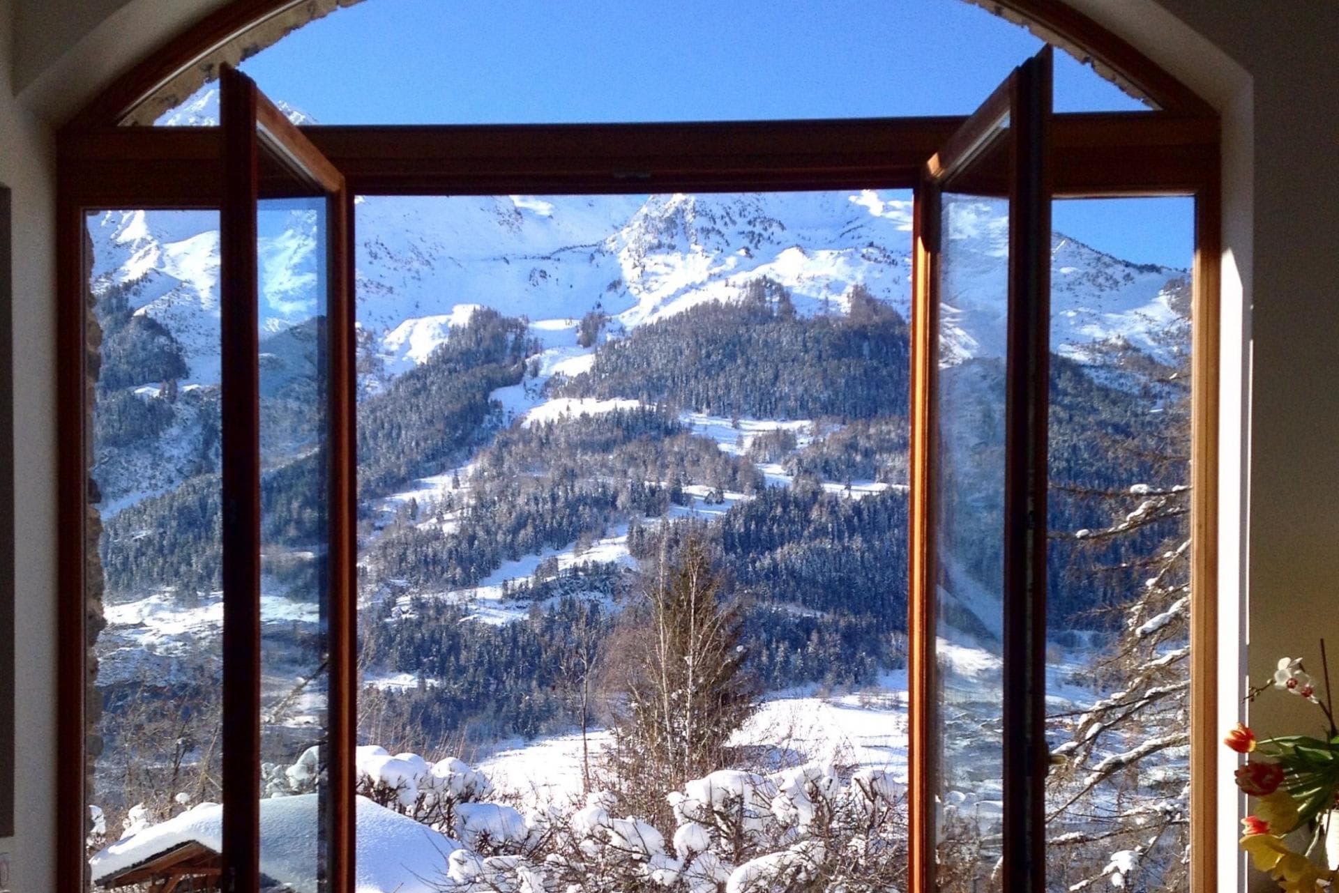Arched window with views of snow-capped mountains and pine forests