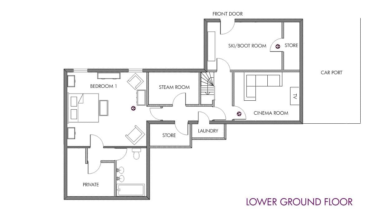 Lower ground floor: ski room, cinema, steam room, and bedroom with ensuite
