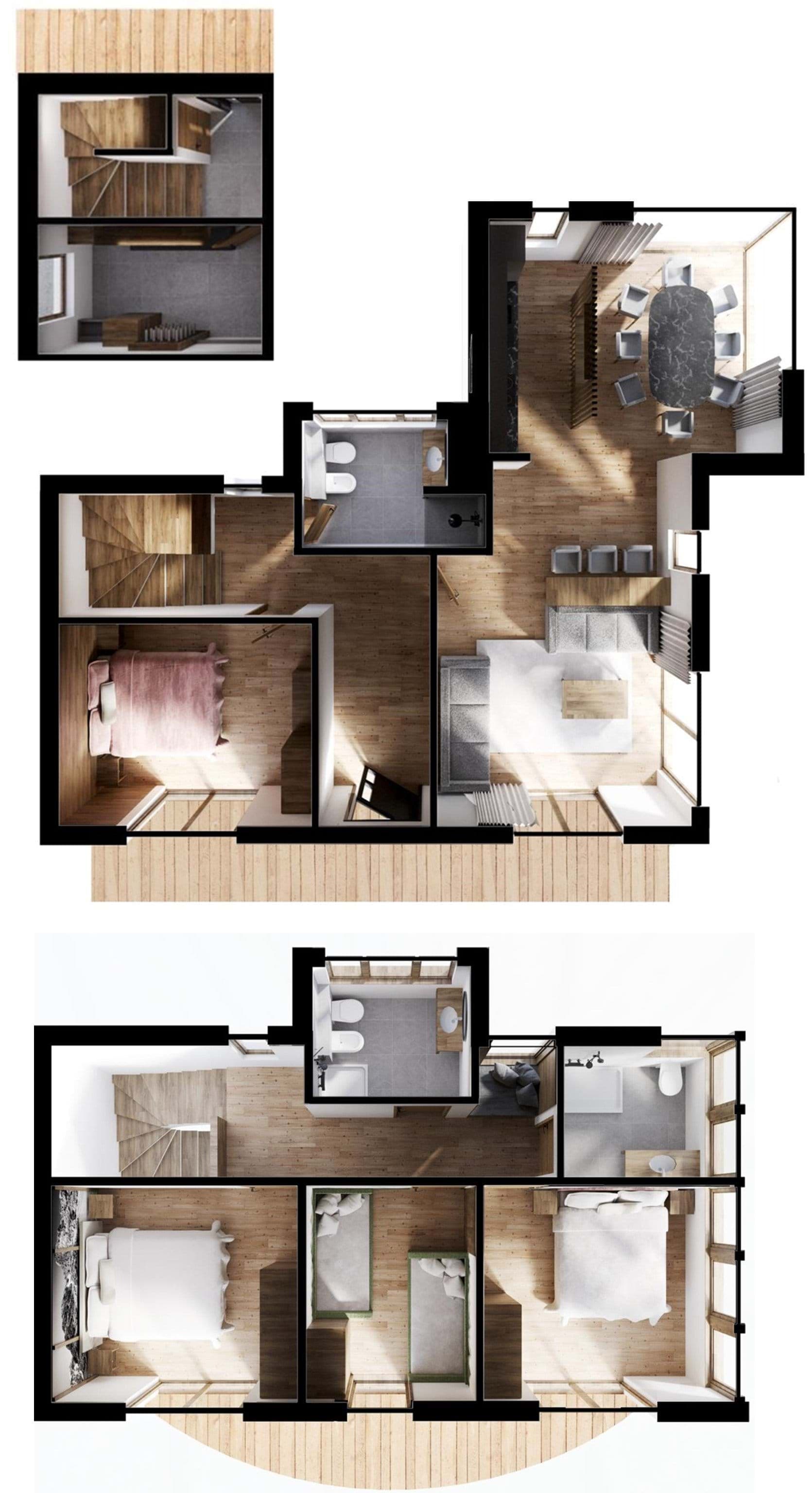 Two-story floor plan: open living area, dining for 8, and 4 bedrooms