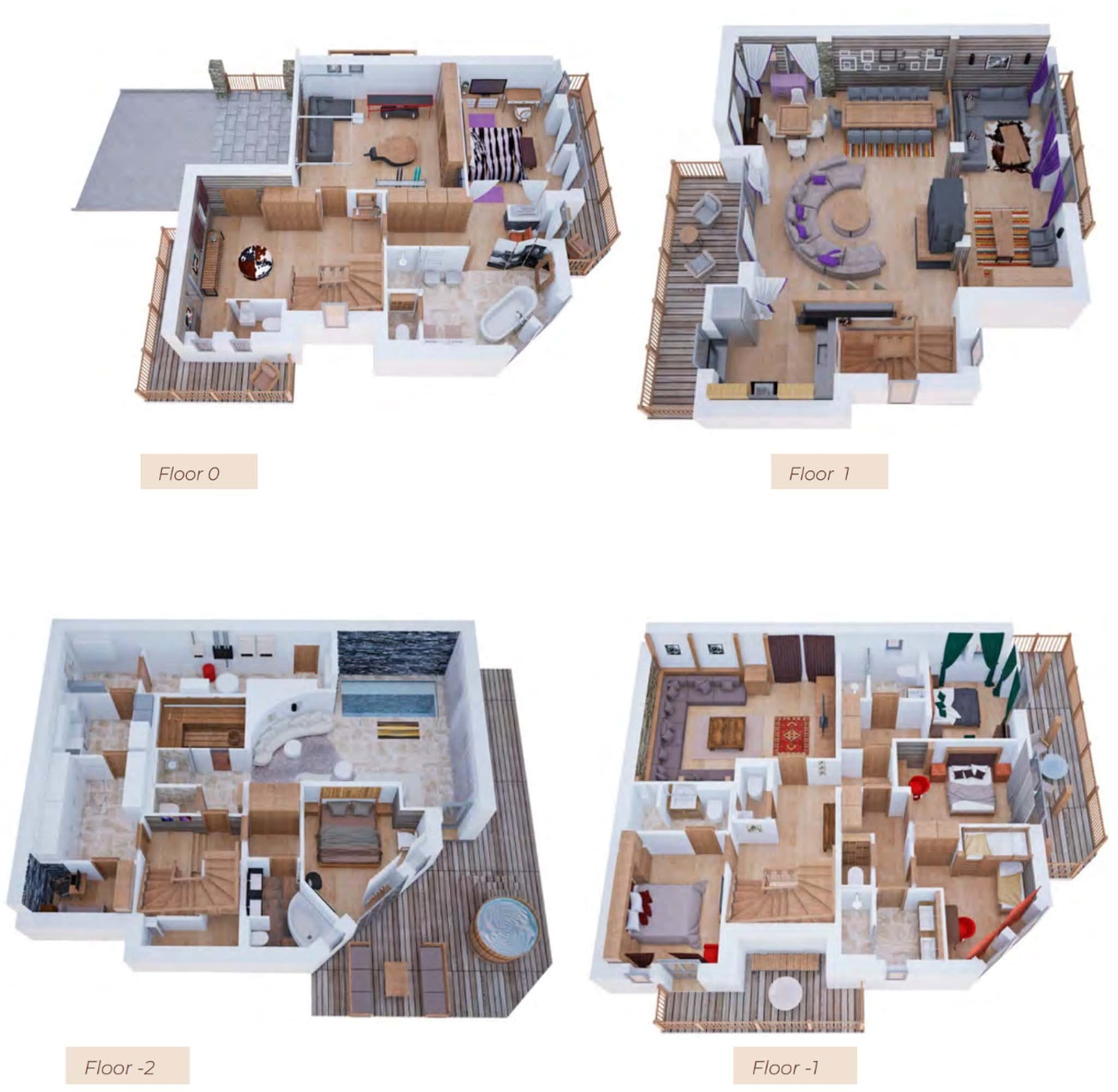 Four-level floor plan: spa with indoor pool, multiple living areas, and en-suite bedrooms