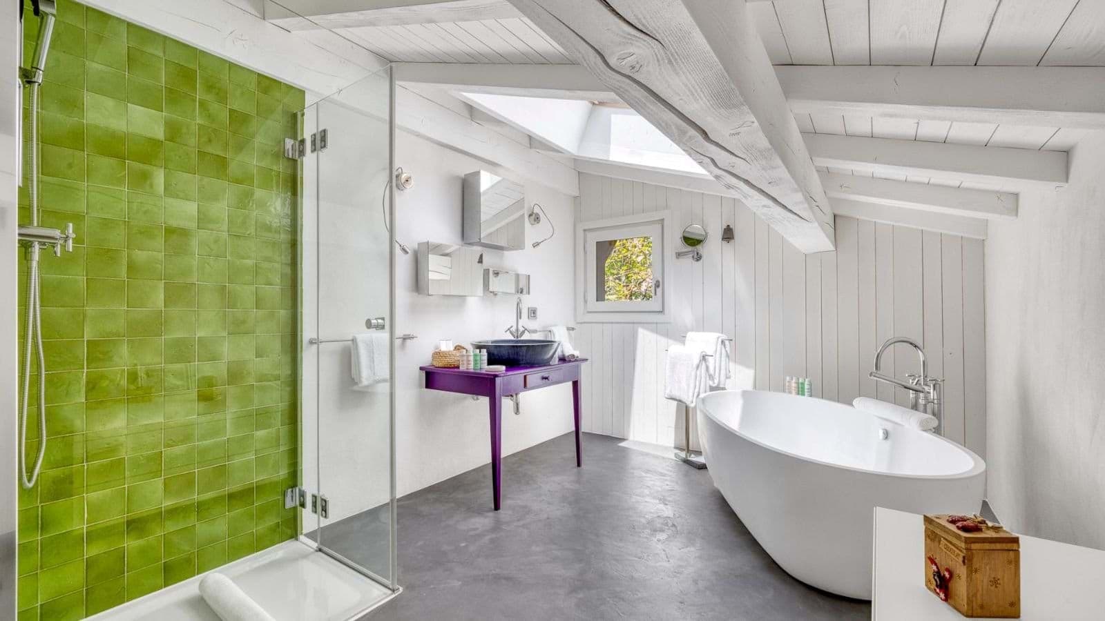 Bathroom with walk-in shower, soaking tub, and skylight over sloped ceilings
