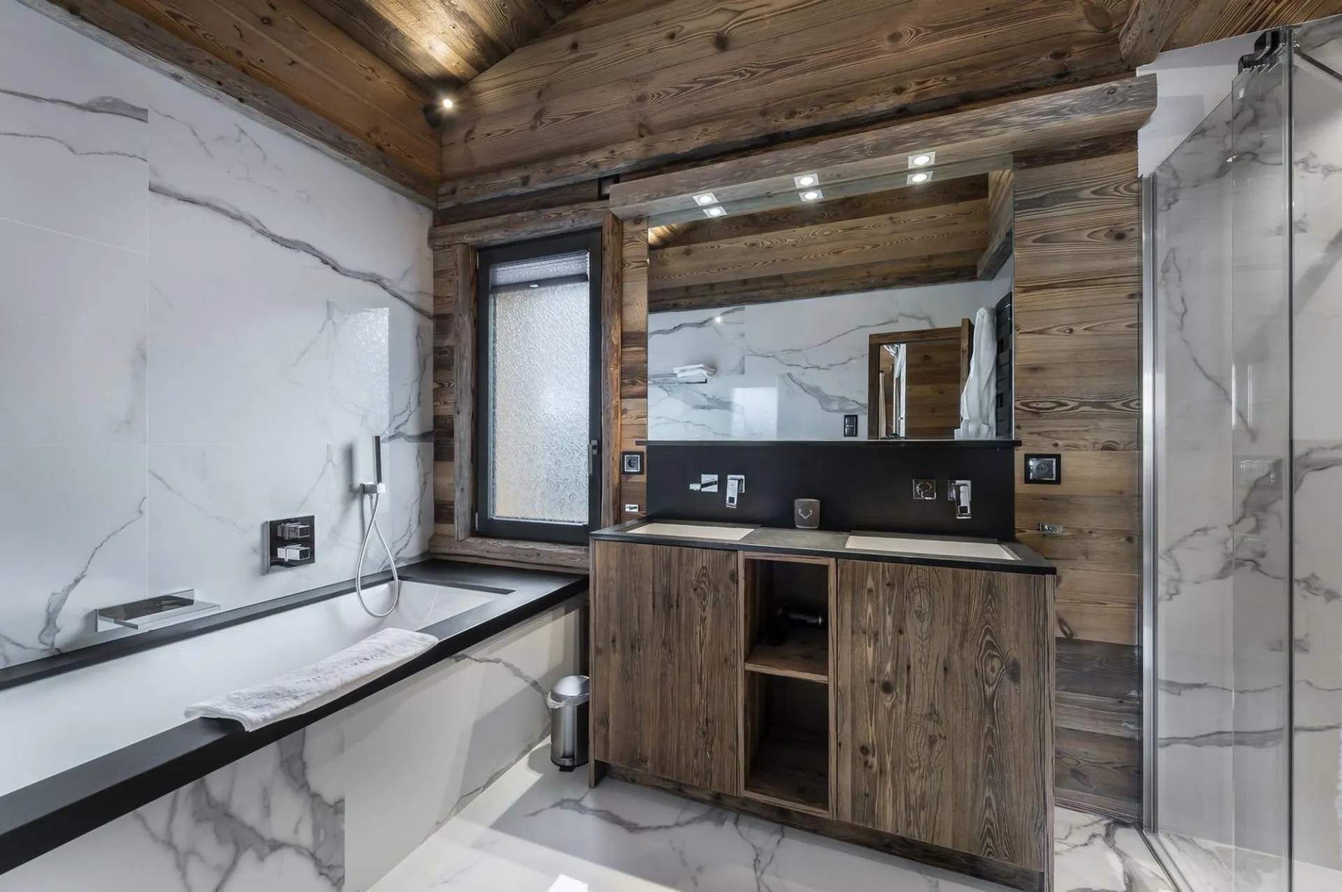 Bathroom with shower and vanity