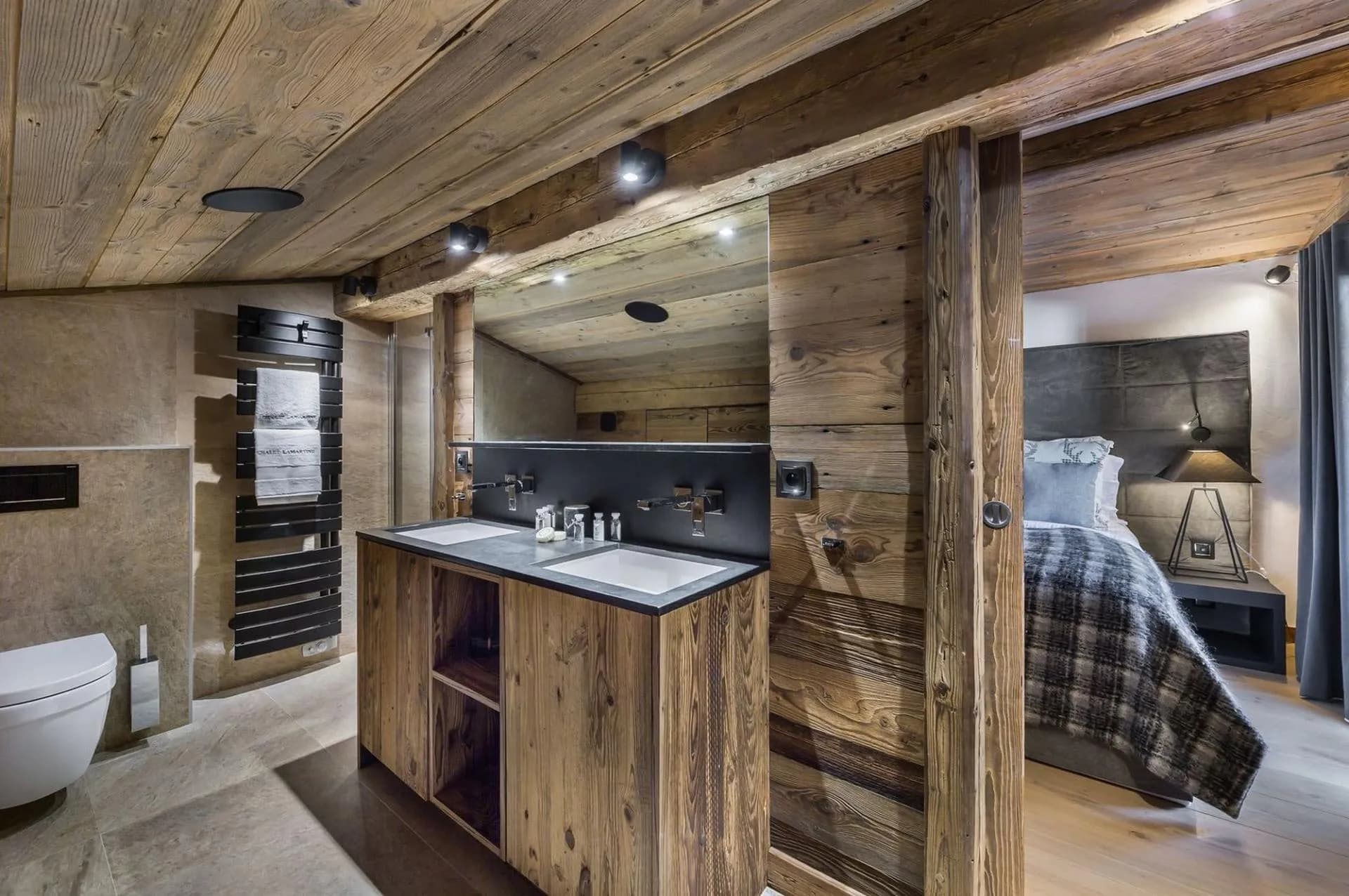Bathroom vanity beside a bedroom